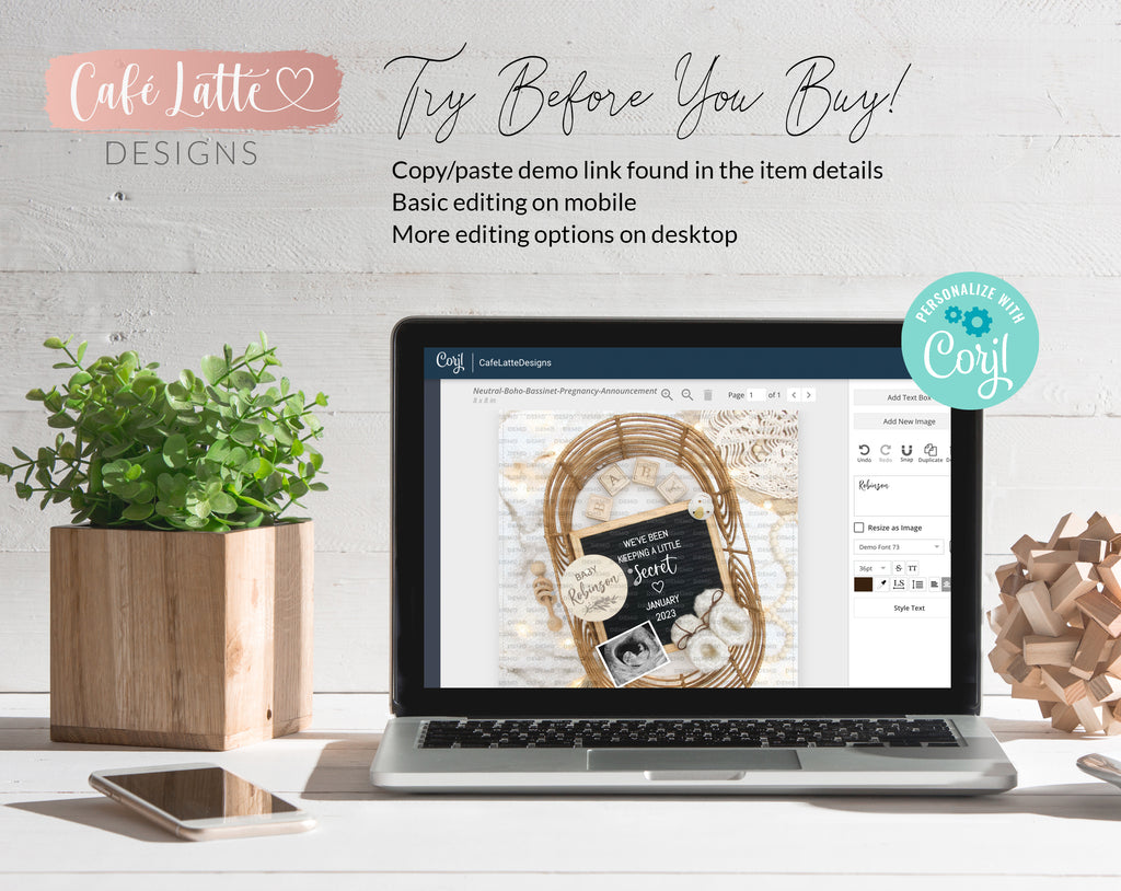Digital Boho Pregnancy Announcement Social Media, Editable Rattan Bassinet Letter Board Neutral Baby Bed Reveal, Keeping A Secret, Corjl DIY