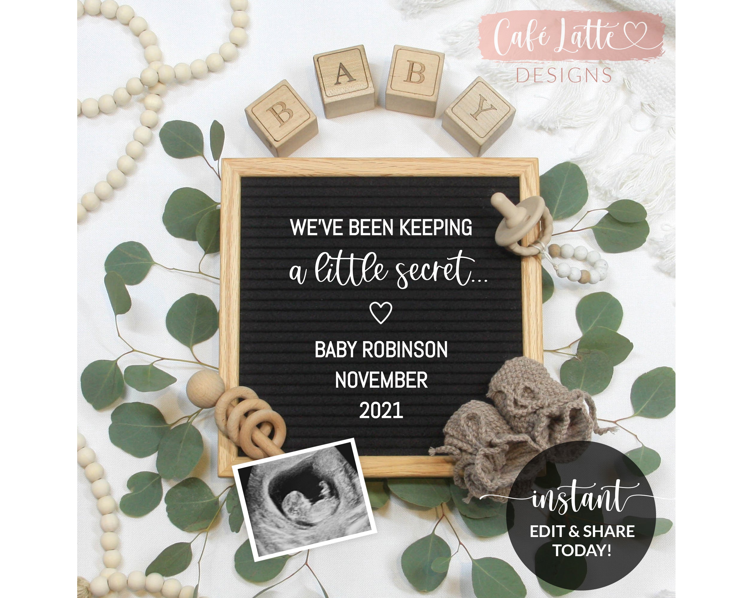 Editable Pregnancy Announcement Social Media, Keeping a Little Secret –  Café Latte Designs