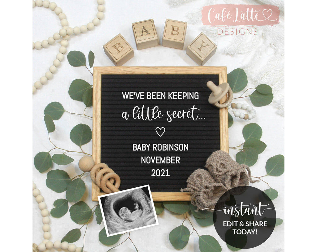 Editable Pregnancy Announcement Social Media, Keeping a Little Secret Letter Board Digital, Gender Neutral Baby, Eucalyptus, Printable DIY