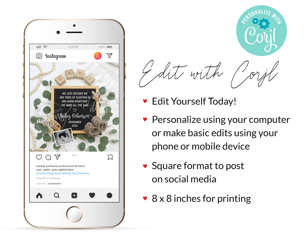 Editable Pregnancy Announcement Social Media, Tired of Sleeping In Letter Board Digital, Gender Neutral Baby, Greenery, Printable DIY Corjl
