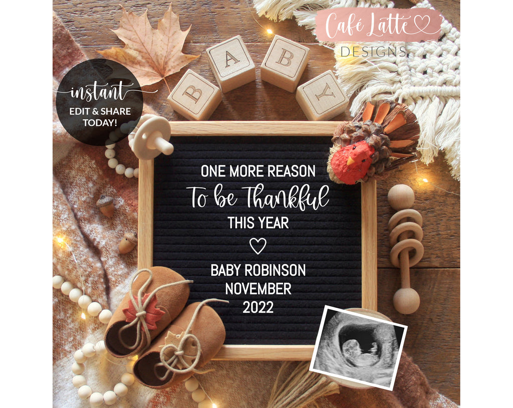 Editable pregnancy announcement for social media template Thanksgiving turkey with letter board boho fall autumn one more reason to be thankful this year