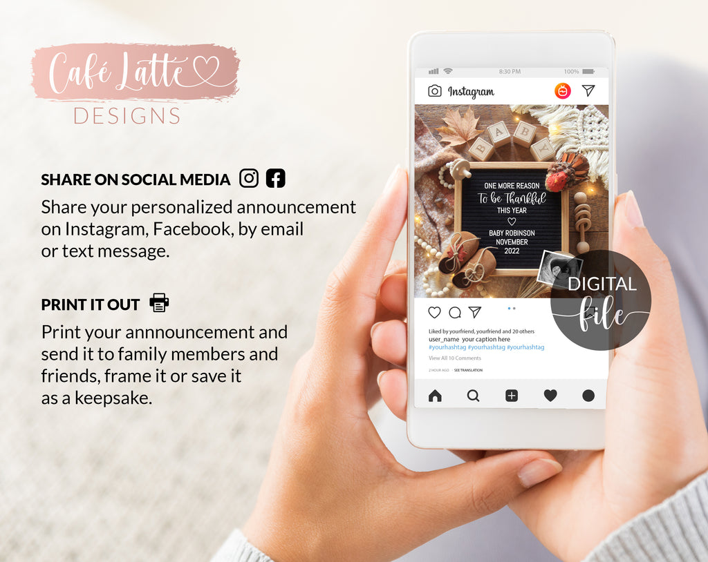 Editable pregnancy announcement for social media template Thanksgiving turkey with letter board boho fall autumn one more reason to be thankful this year