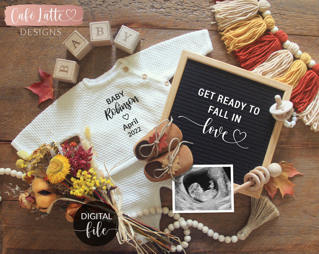 Fall pregnancy announcement digital for social media adding a pumpkin to our patch get ready to fall in love autumn colors letter board