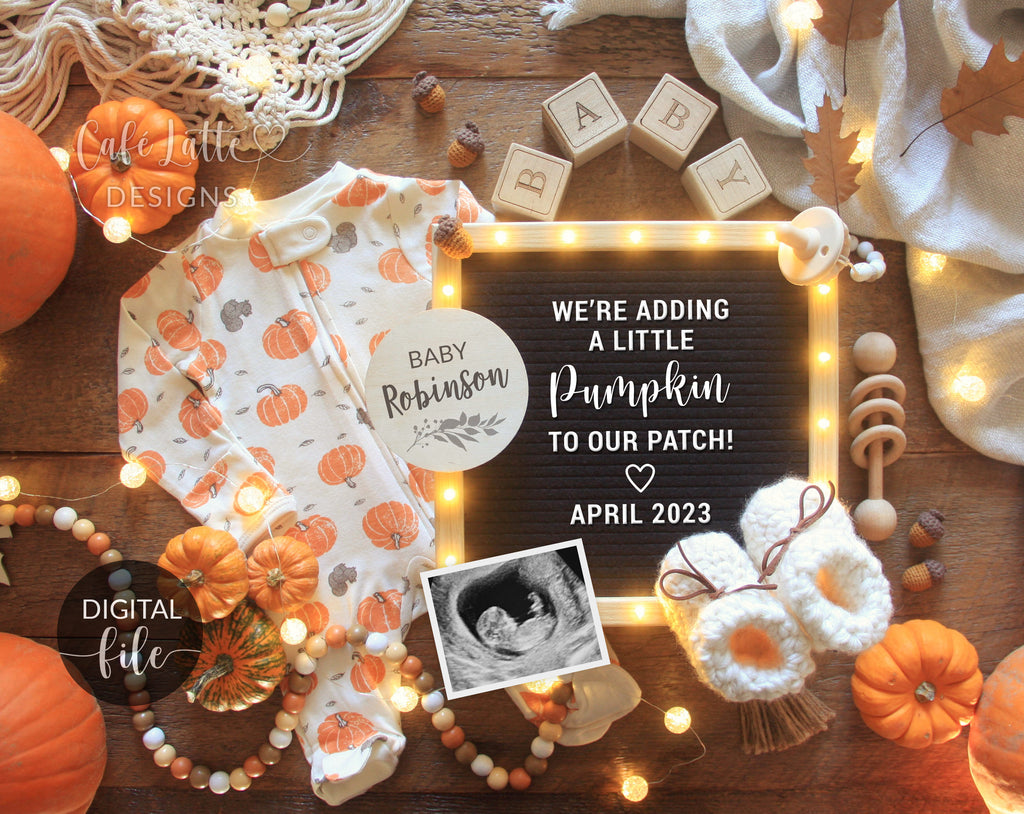 Fall Digital Pregnancy Announcement Social Media, Adding Little Pumpkin To Our Patch, Thanksgiving Thankful Baby Reveal, Boho Letter Board
