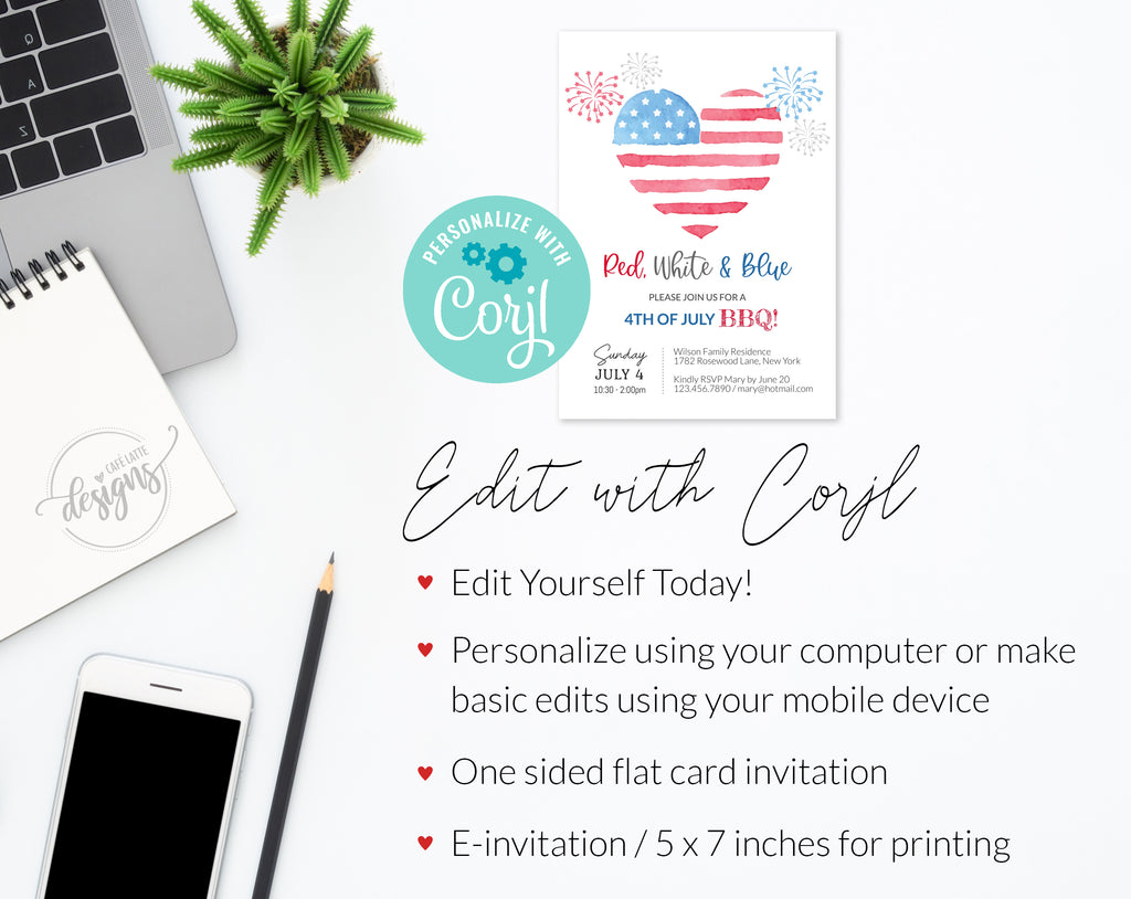 Fourth of July BBQ Invitation Editable Template Printable, Red White & Blue E-Invitation Party Invite, Firecrackers USA Flag, Instant DIY