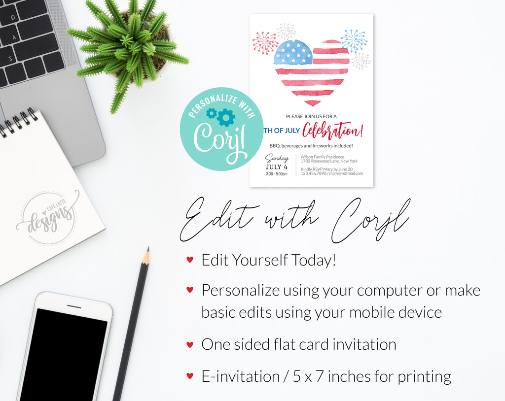 Fourth of July Invitation Editable Template Printable, Birthday Celebration E-Invitation Party Invite, Firecrackers USA Flag, Instant DIY