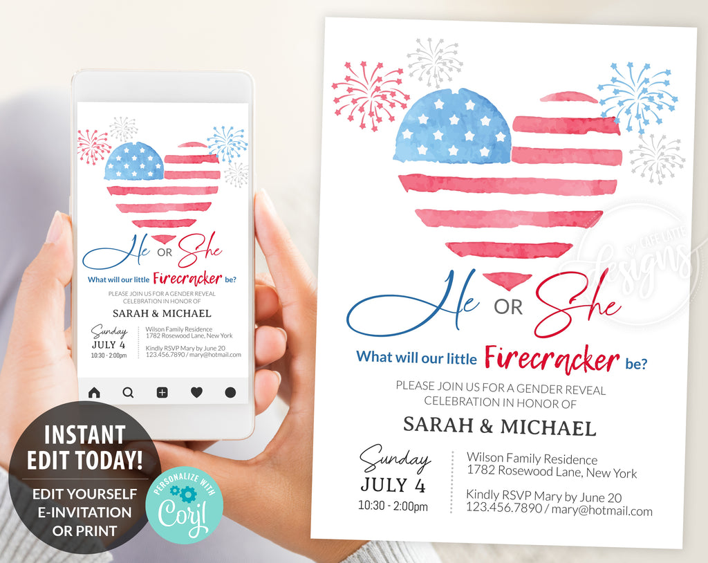 He or She Gender Reveal Invitation Editable Printable, Little Firecracker 4th of July E-Invitation Party Invite, Boy Girl, Card Instant DIY