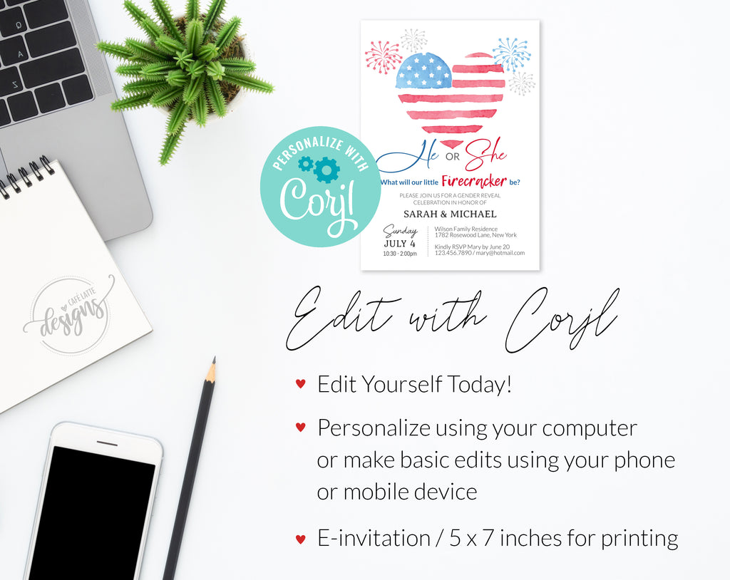 He or She Gender Reveal Invitation Editable Printable, Little Firecracker 4th of July E-Invitation Party Invite, Boy Girl, Card Instant DIY