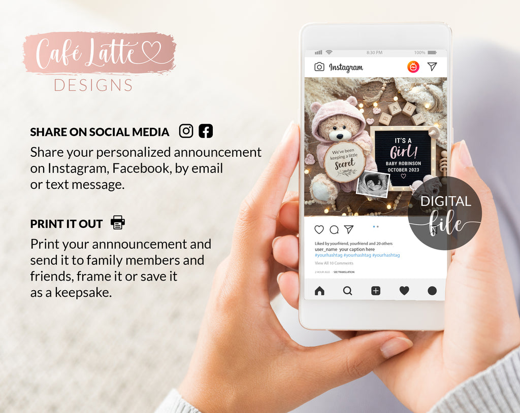 Girl gender reveal for social media, boho girl baby announcement digital image with teddy bear wearing pink outfit, letter board and pampas, its a girl, we have been keeping a little secret