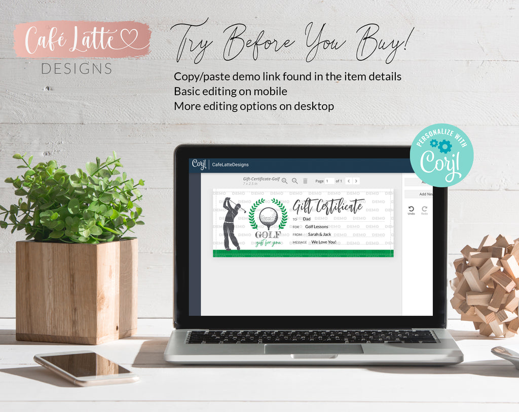 GOLF Gift Certificate Editable Template Printable, Personalized Golf Gift Coupon for Dad, Golf Lessons, Instant DIY Corjl, Last Minute Gift