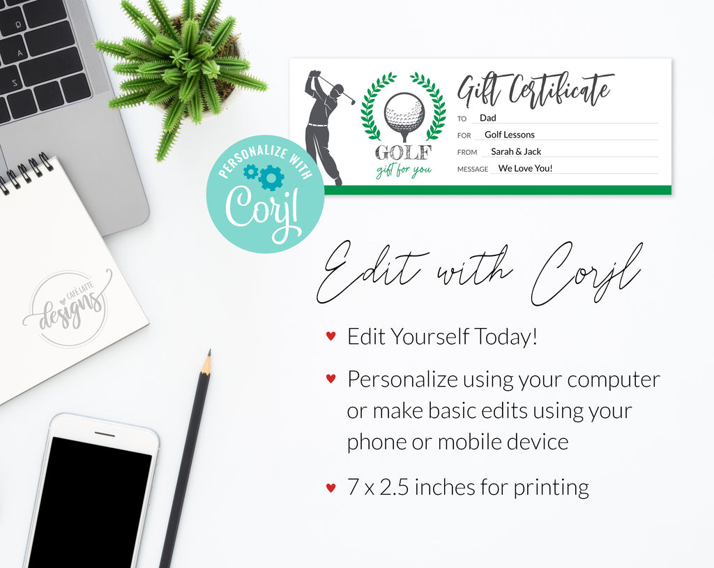 GOLF Gift Certificate Editable Template Printable, Personalized Golf Gift Coupon for Dad, Golf Lessons, Instant DIY Corjl, Last Minute Gift