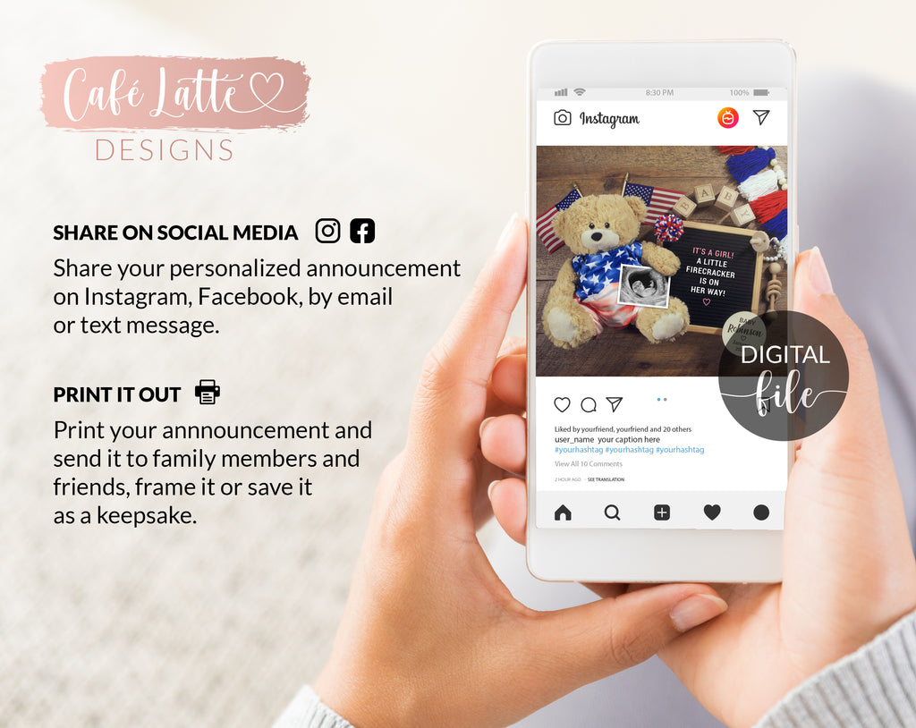 Digital Pregnancy Announcement Social Media, Its a Girl Fourth of July Baby Gender Reveal, Facebook Instagram, A Little Firecracker is Due