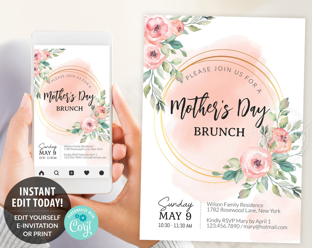 Editable Mothers Day Brunch Invitation Digital Template, Peony Flowers Invite, E-Invitation, Printable 5x7