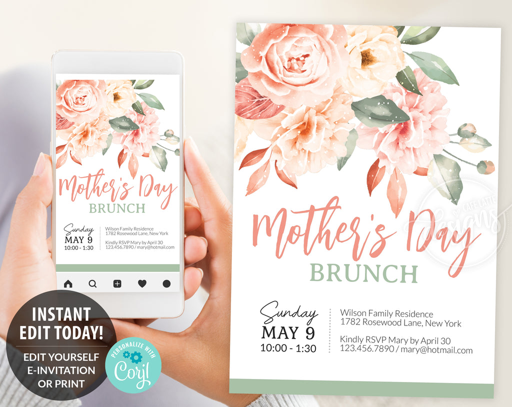Editable Mothers Day Brunch Invitation Digital Template, Peony Flowers Invite, E-Invitation, Printable 5x7