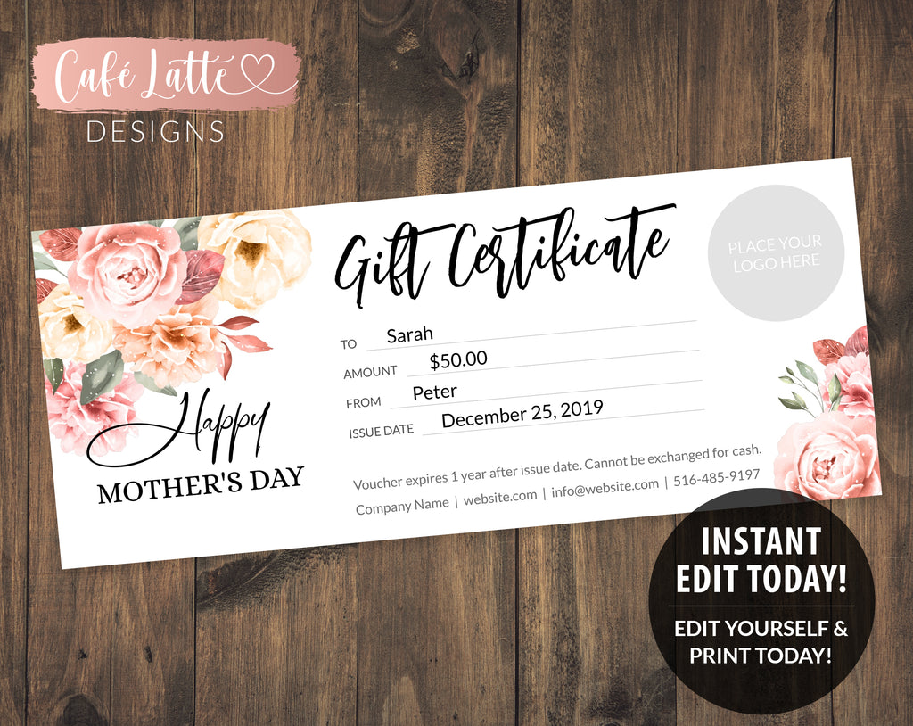 Editable Mother's Day Gift Certificate with Business Company Logo, Peony Flowers Gift Certificate, Spa Massage Hair Salon Gift, Photography Session Gift, Template, Printable, DIY