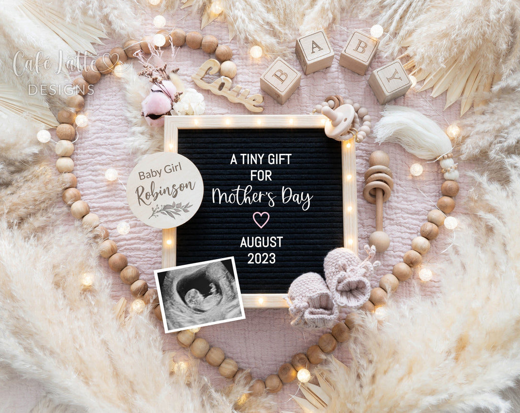Mothers day girl gender reveal digital image for social media, Mothers day girl boho pregnancy announcement with heart wood beads, pampas and letter board, A tiny gift for Mothers day, editable template DIY, Its a girl spring pink announcement