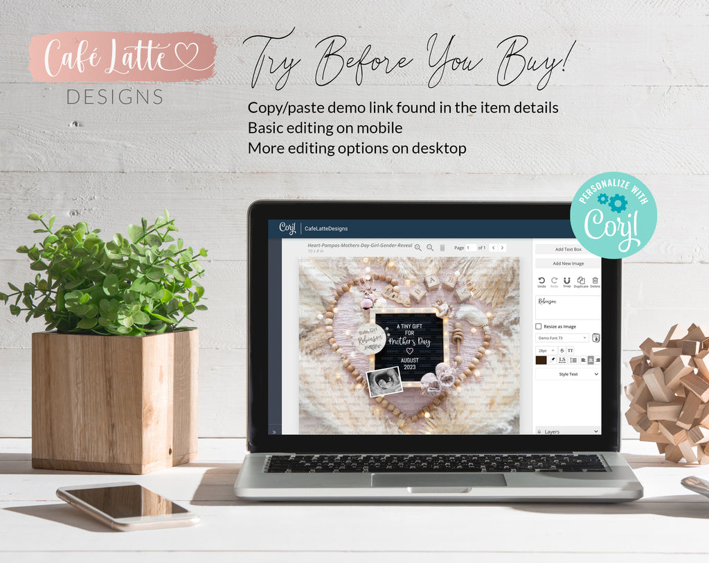 Mothers day girl gender reveal digital image for social media, Mothers day girl boho pregnancy announcement with heart wood beads, pampas and letter board, A tiny gift for Mothers day, editable template DIY, Its a girl pink announcement