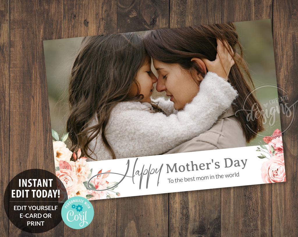 Editable MOTHER'S DAY Photo Printable Card, Personalized Card with Kids Baby Family Pics Photoshoot, Happy, Pink Flowers, 5x7, Instant DIY