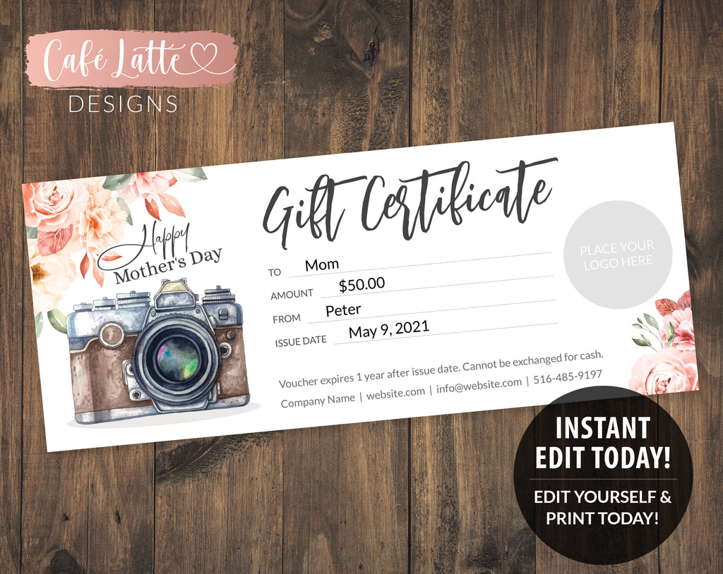 PHOTO Mother's Day Gift Certificate Printable Editable Template, Personalized Gift Coupon, Instant DIY Corjl, Photography Business Gift Logo