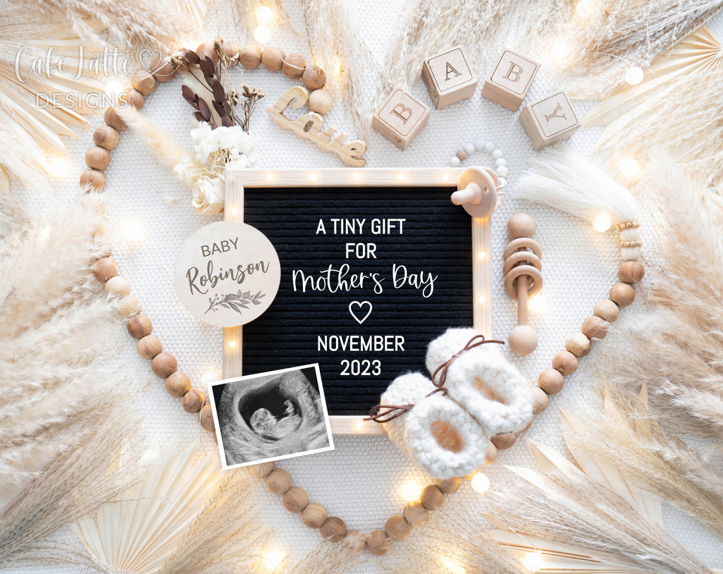 Mothers day pregnancy announcement digital reveal for social media, Mothers day baby announcement digital image with heart pampas, lights and letter board, a tiny gift for mothers day, Spring editable template