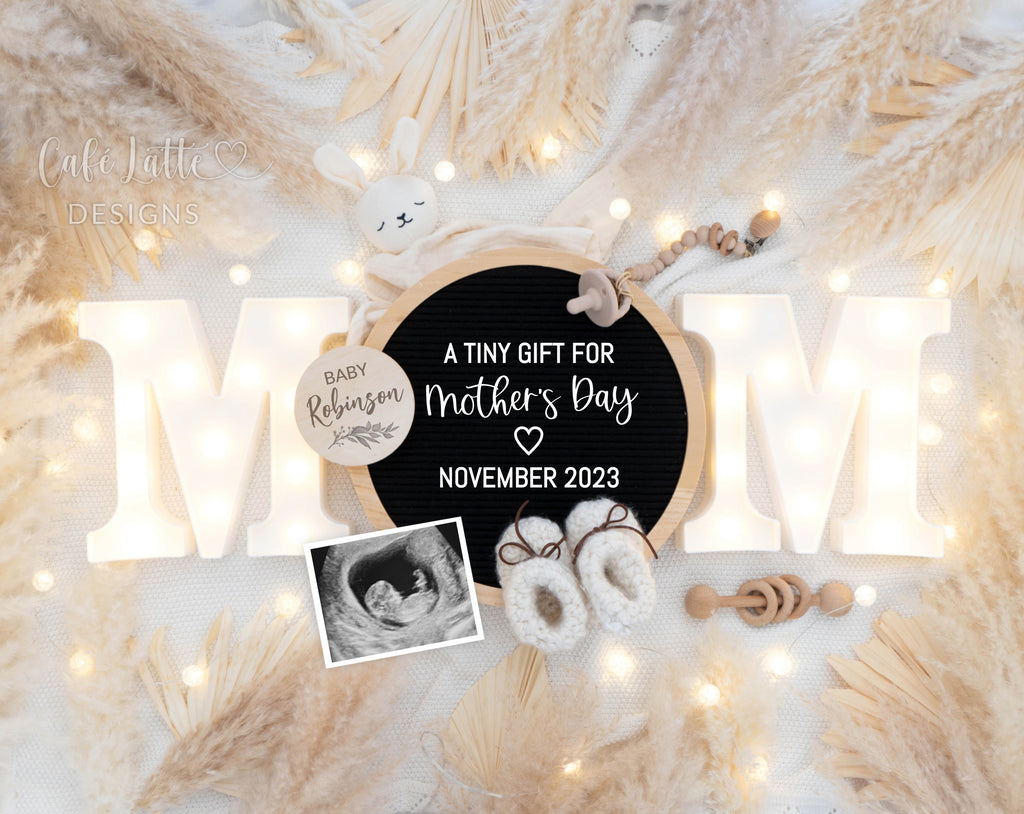 Mothers day pregnancy announcement digital reveal for social media, Mothers day boho baby announcement digital image with MOM, pampas, bunny and circle letter board, A tiny gift for Mothers day, Spring editable template DIY