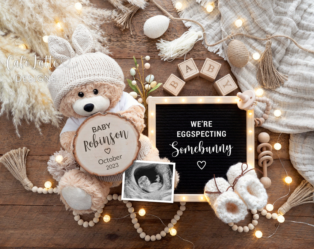 Easter Pregnancy Announcement Digital Reveal For Social Media, Baby Announcement Digital Boho Image with Bear Wearing Bunny Ears, Eggs and Letter Board, We Are Eggspecting Somebunny