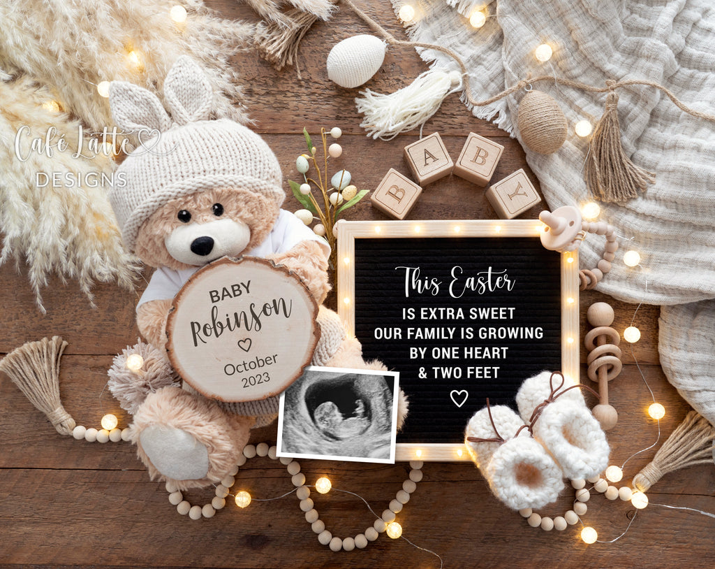 Easter Pregnancy Announcement Digital Reveal For Social Media, Baby Announcement Digital Boho Image with Bear Wearing Bunny Ears, Eggs and Letter Board, Growing By One Heart And Two Feet