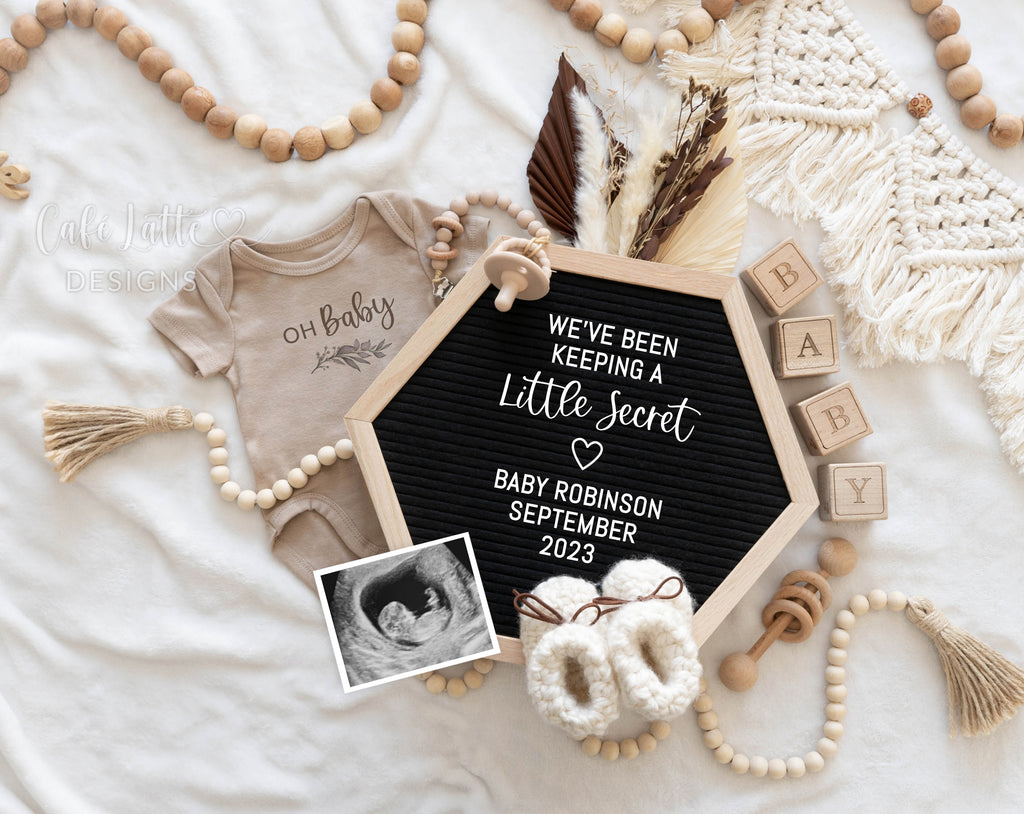 Baby Announcement Digital Reveal For Social Media, Gender Neutral Pregnancy Announcement Digital Boho Image With Hexagon Letter Board, Wood Beads and Baby Outfit, We Have Been Keeping A Little Secret