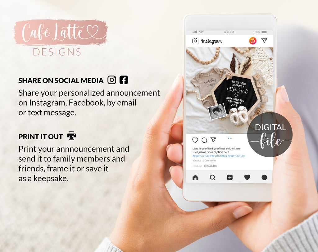 Baby Announcement Digital Reveal For Social Media, Gender Neutral Pregnancy Announcement Digital Boho Image With Hexagon Letter Board, Wood Beads and Baby Outfit, We Have Been Keeping A Little Secret