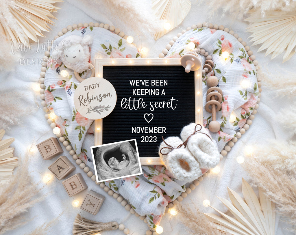 Spring Baby Announcement digital reveal for social media, summer boho pregnancy announcement digital image with pampas, heart, peony flowers, lamb and letter board, keeping a little secret, editable template DIY