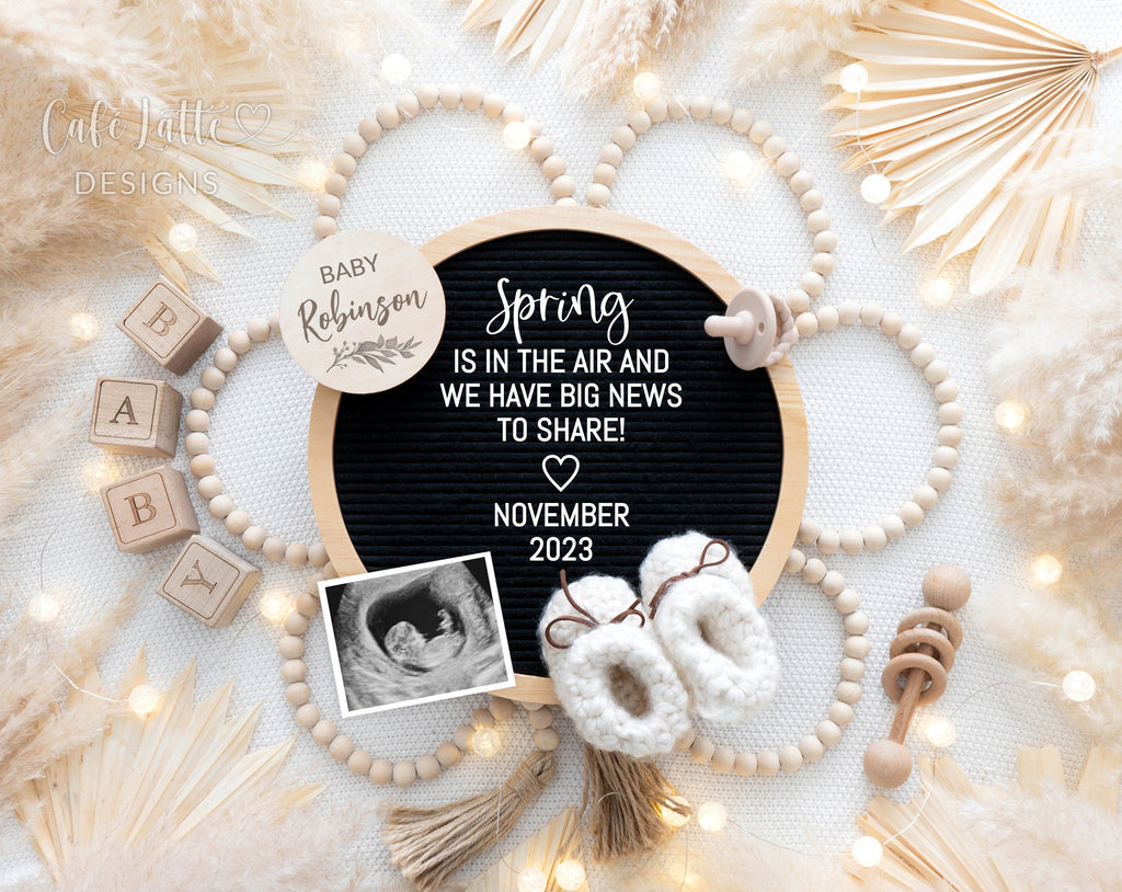 Spring baby announcement digital reveal for social media, spring boho pregnancy announcement digital image with pampas, flower and circle letter board, Spring is in the air and we have big news to share, editable diy template