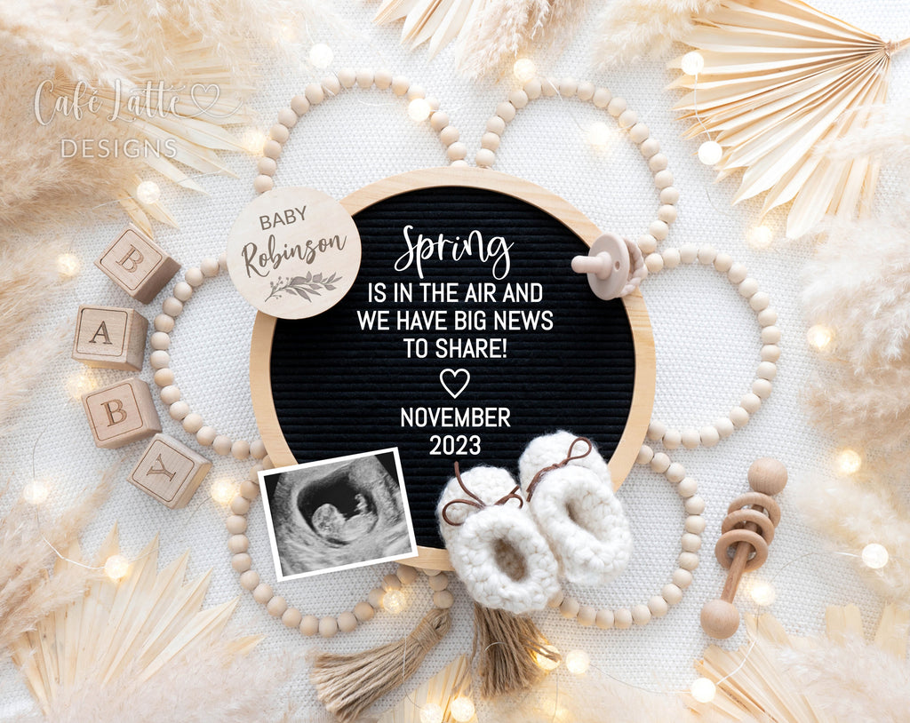Spring baby announcement digital reveal for social media, spring boho pregnancy announcement digital image with pampas, flower and circle letter board, Spring is in the air and we have big news to share, editable diy template