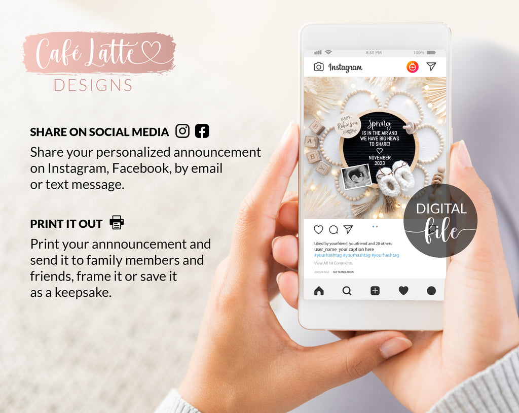 Spring baby announcement digital reveal for social media, spring boho pregnancy announcement digital image with pampas, flower and circle letter board, Spring is in the air and we have big news to share, editable diy template