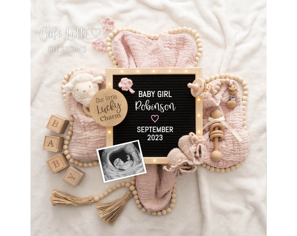 St Patricks Day Girl Gender Reveal Announcement, Our Little Lucky Charm, Pink Shamrock with Letter Board and Lamb, Editable Digital Template