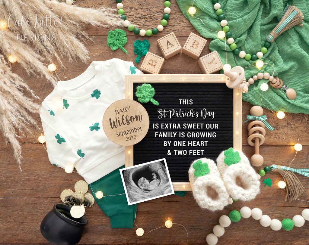 St Patricks Day Pregnancy Announcement Digital Boho St Patricks Baby Announcement With Shamrocks, Pot of Gold and Letter Board, Growing By One Heart And Two Feet