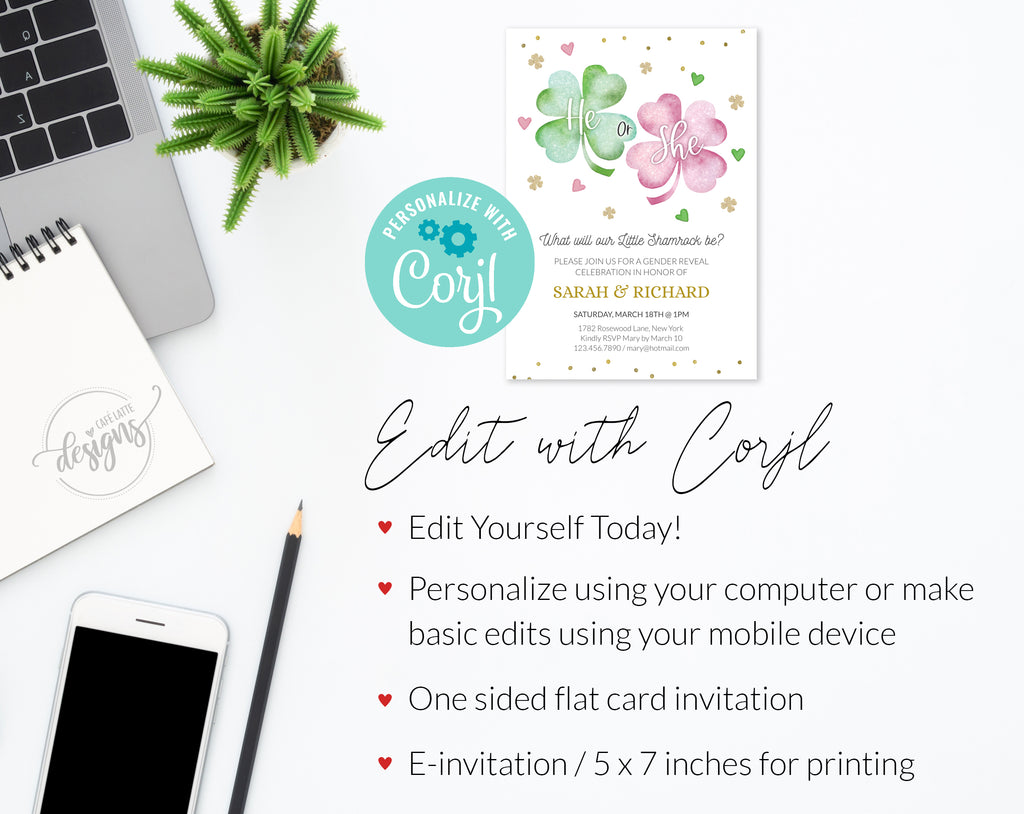St Patrick's Day Gender Reveal Invitation, He Or She What Will Our Little Shamrock Be, Digital Editable Invitation Template