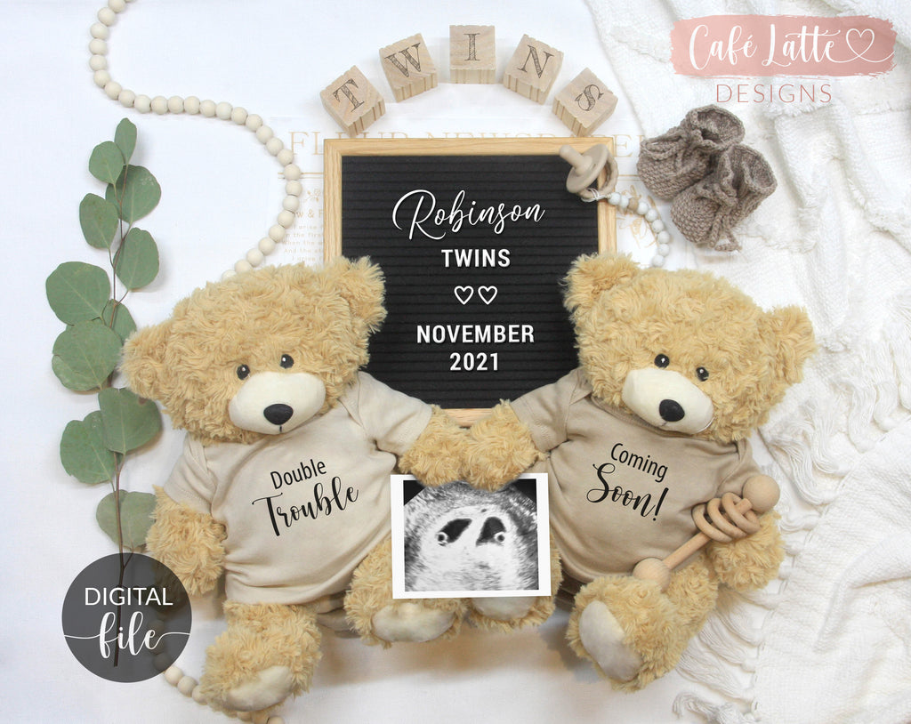 Twins Pregnancy Announcement Social Media, Digital Twin Babies Neutral Reveal Instagram, Prayed for One Blessed with Two, Double Trouble