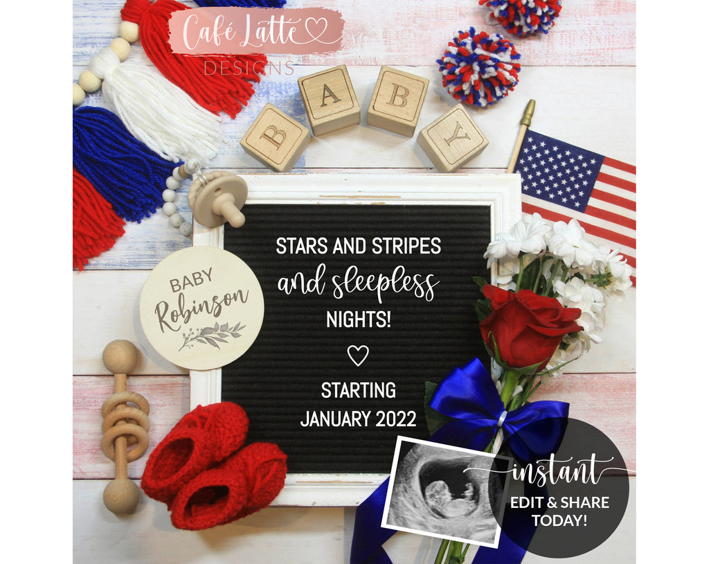 Editable Pregnancy Announcement Social Media, Stars and Stripes and Sleepless Nights Letter Board Digital, Fourth of July, Printable DIY