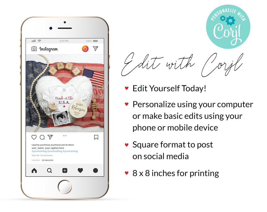 Editable Pregnancy Announcement Social Media, Made in the USA Digital Baby Announcement, Fourth of July Independence Day Baby, Printable DIY