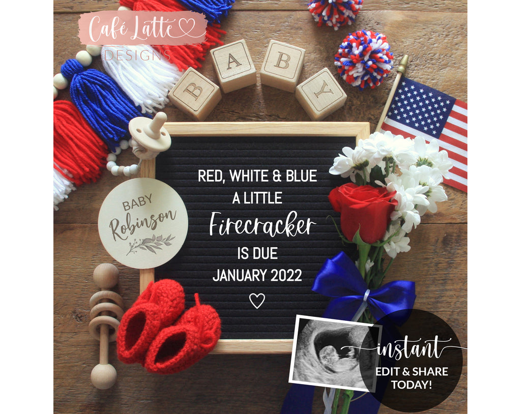 Editable Pregnancy Announcement Social Media, Red White Blue Little Firecracker Due Letter Board Digital, Fourth of July Baby, Printable DIY